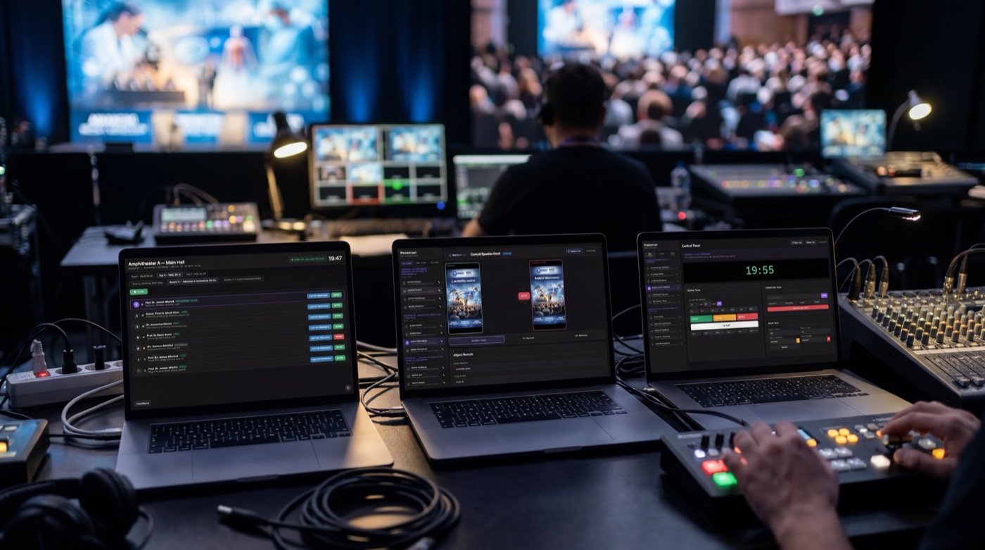 Trei laptop-uri în camera tehnică cu prezentări, pupitru digital și timer StartSync