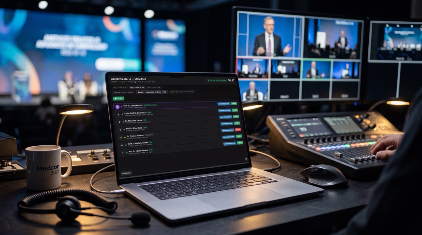 Speaker pe scenă cu pupitrul digital StartSync afișând programul pe un podium de sticlă