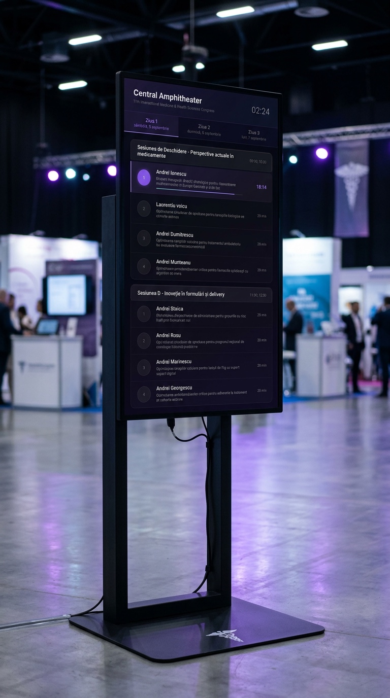 Display StartSync la intrarea Amfiteatrului Central cu programul conferinței în timp real