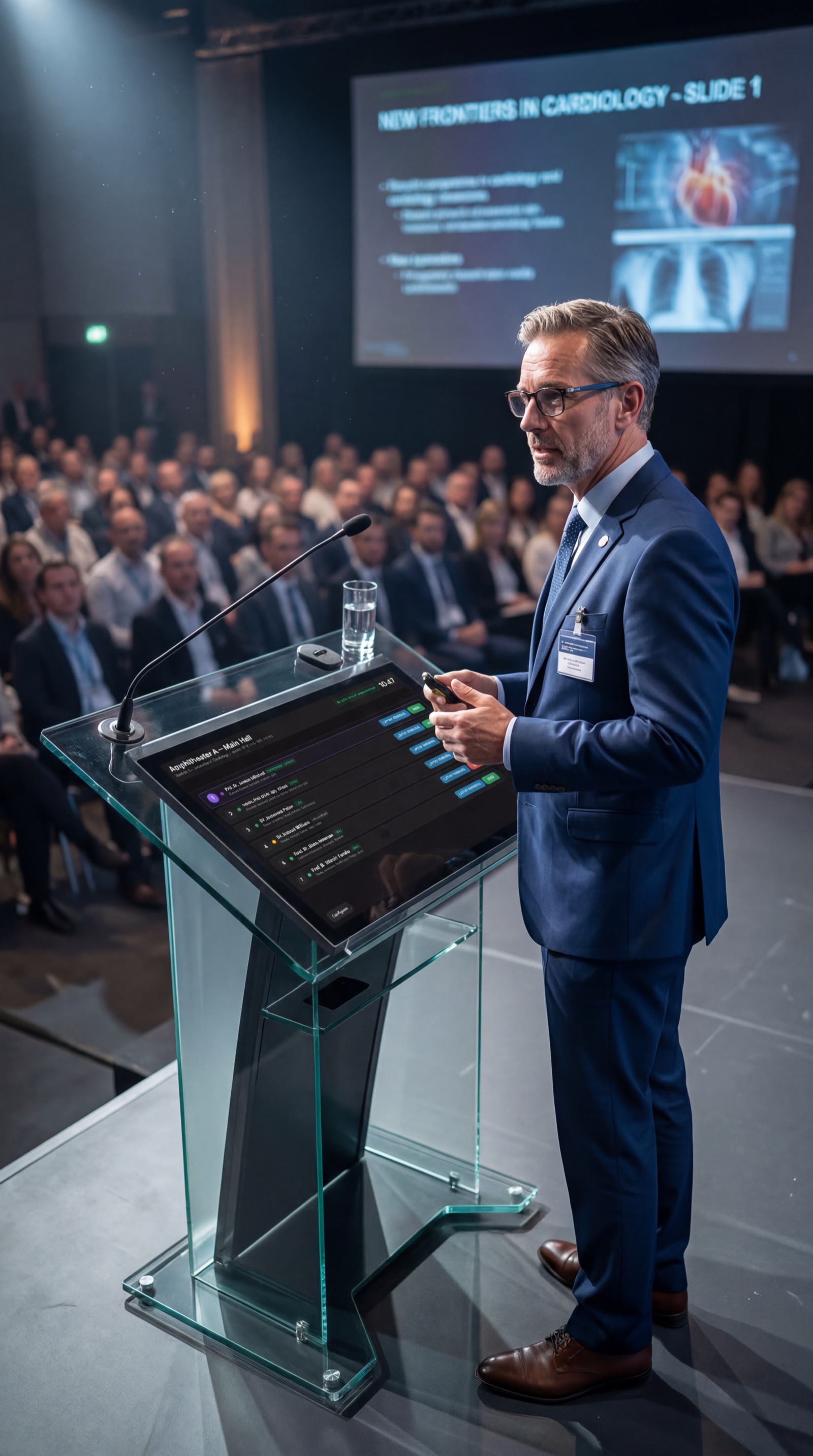 Speaker prezentând de la pupitrul digital StartSync pe scenă