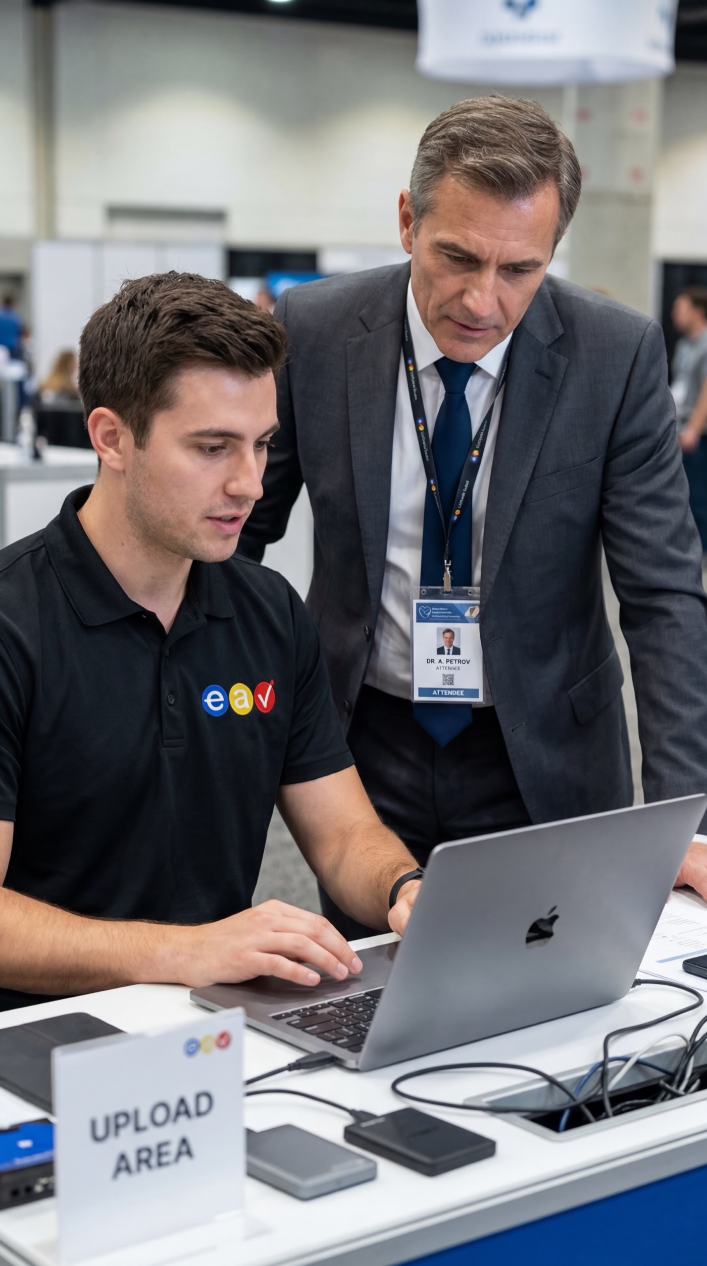 Tehnicianul ajută un speaker să uploadeze prezentarea la zona de upload