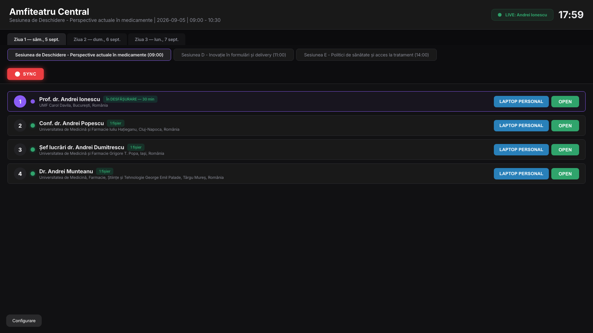 StartSync Room Display cu lista prezentărilor și butonul Laptop Personal